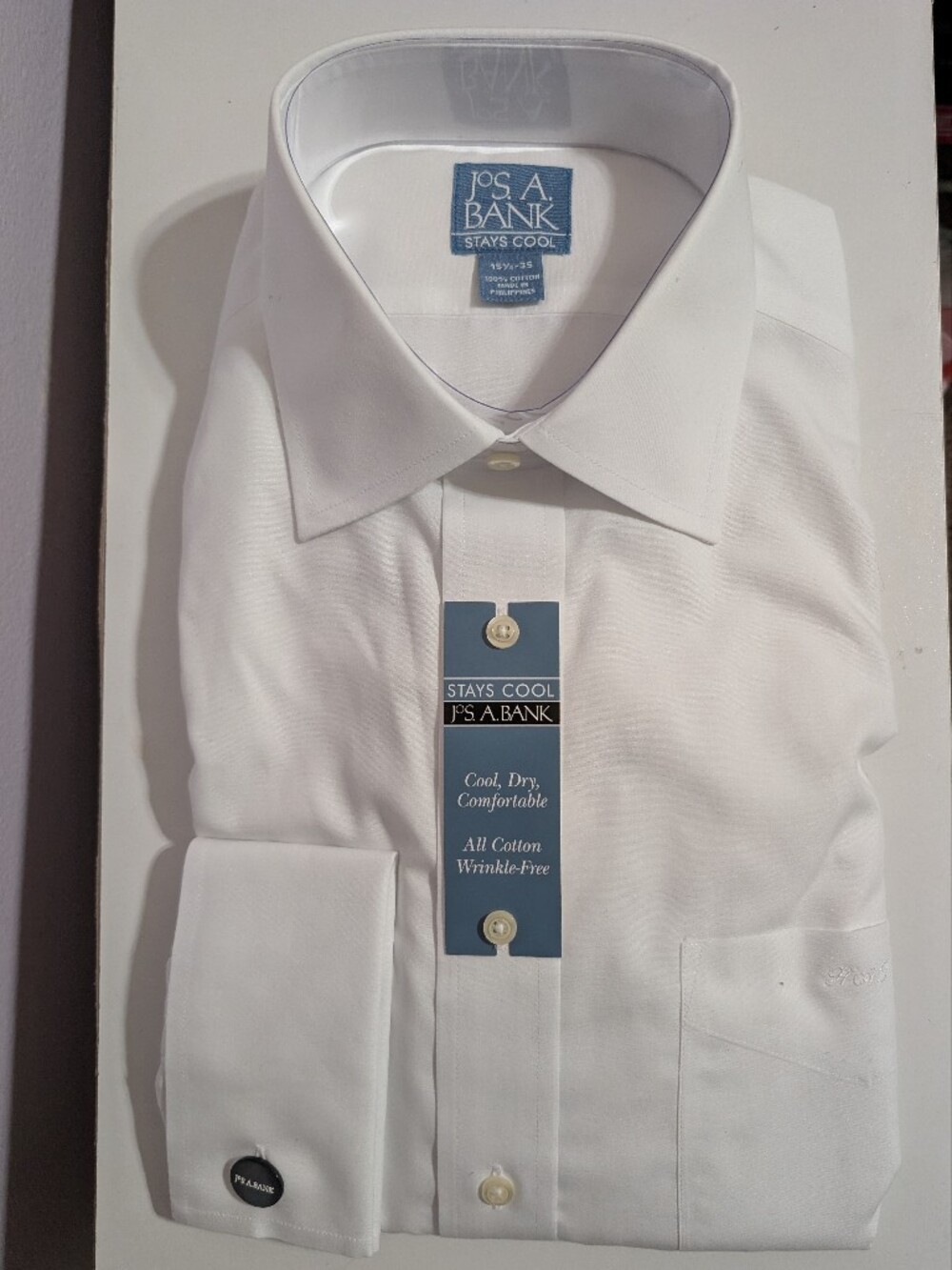 New Jos A Bank Mens Dress Shirt White Stays Cool Long Sleeve Size 15.5-35